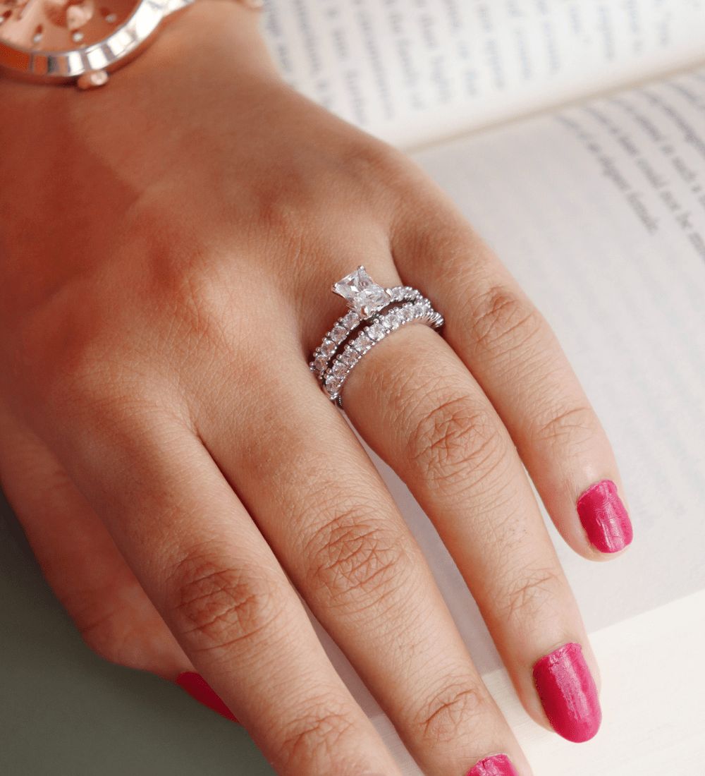 Emerald-Cut Zircon Ring with Eternity Band