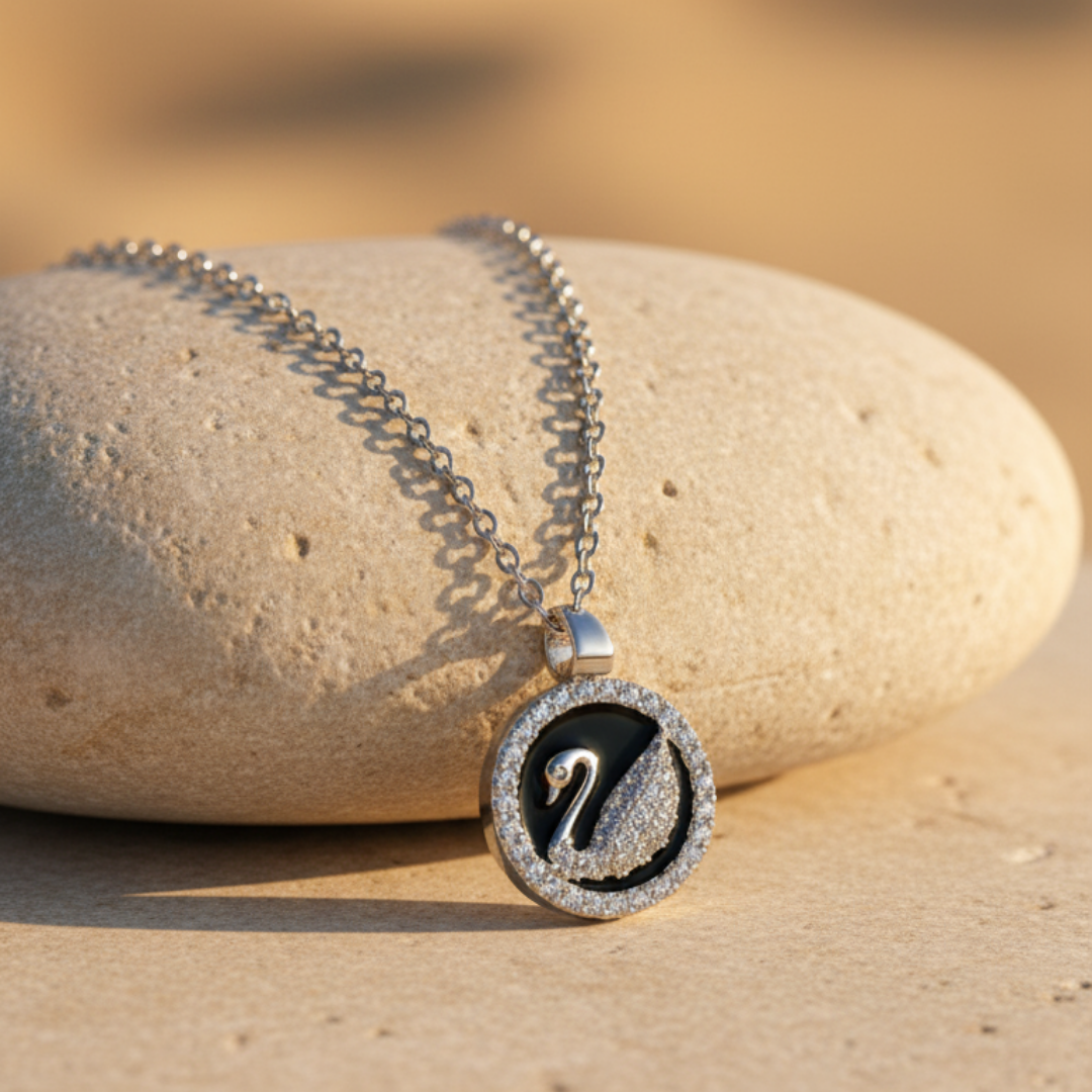 Rhodium Plated Swan Medallion Necklace