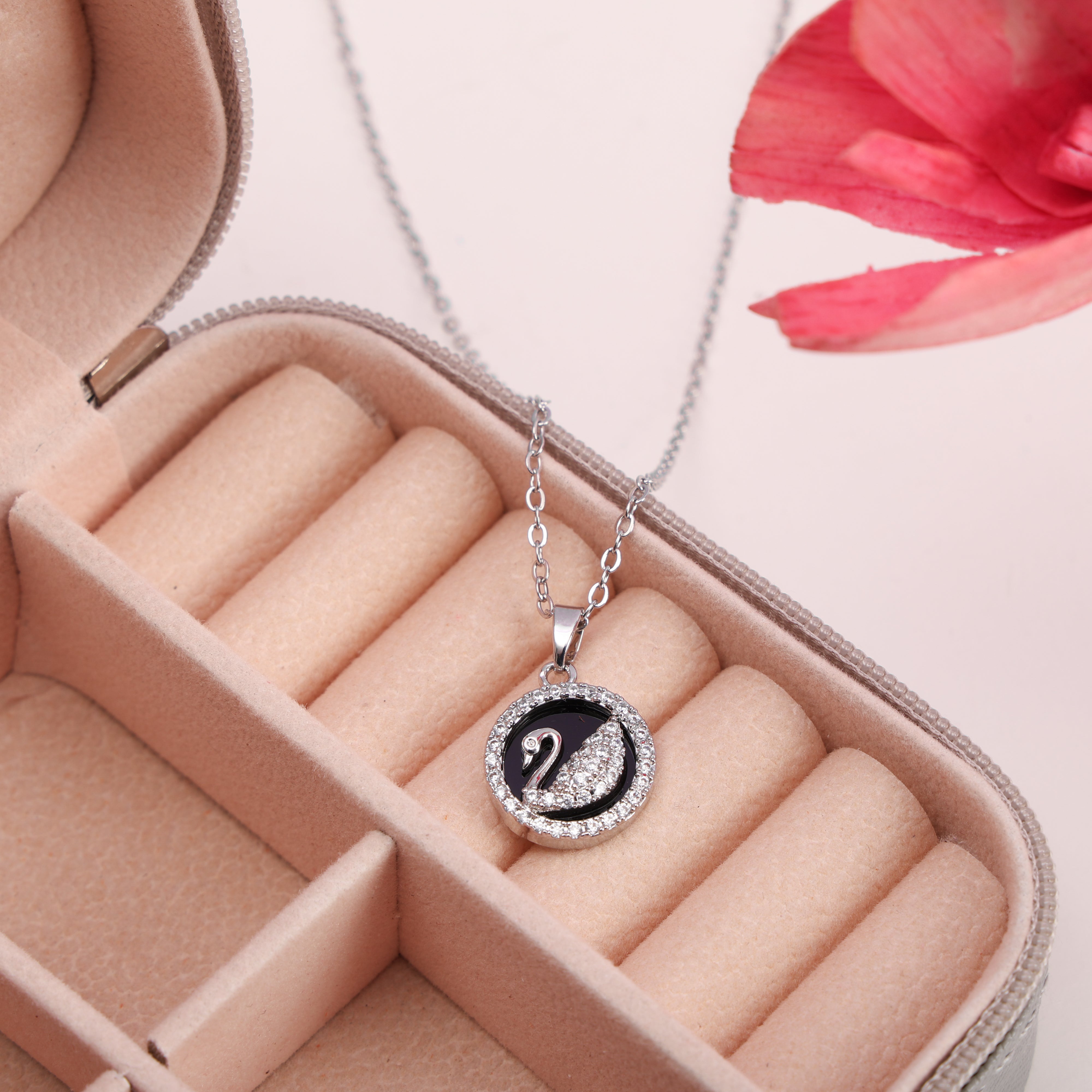 Rhodium Plated Swan Medallion Necklace