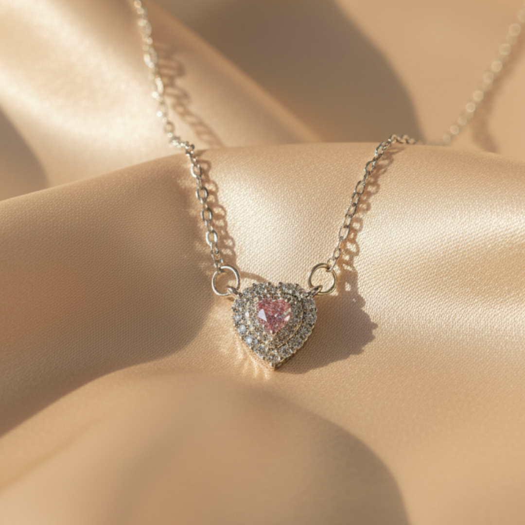 Pink zircon Halo Heart Necklace