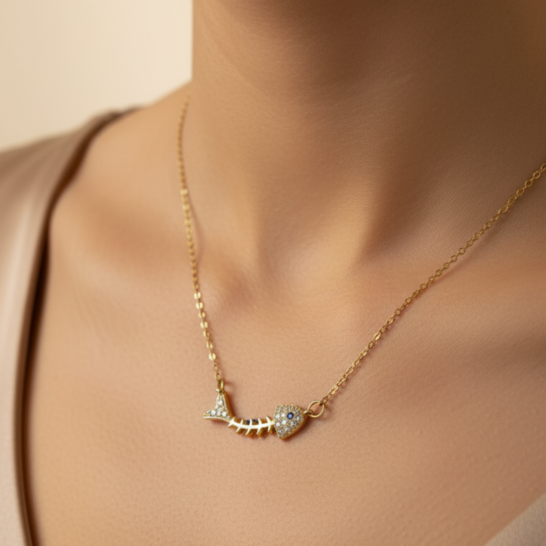 18k Gold Plated Fishbone Charm Necklace