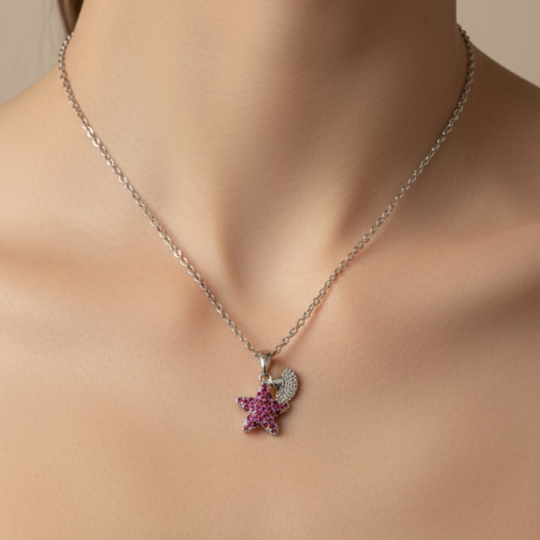 Twinking Moon And Star Zircon Diamond Necklace