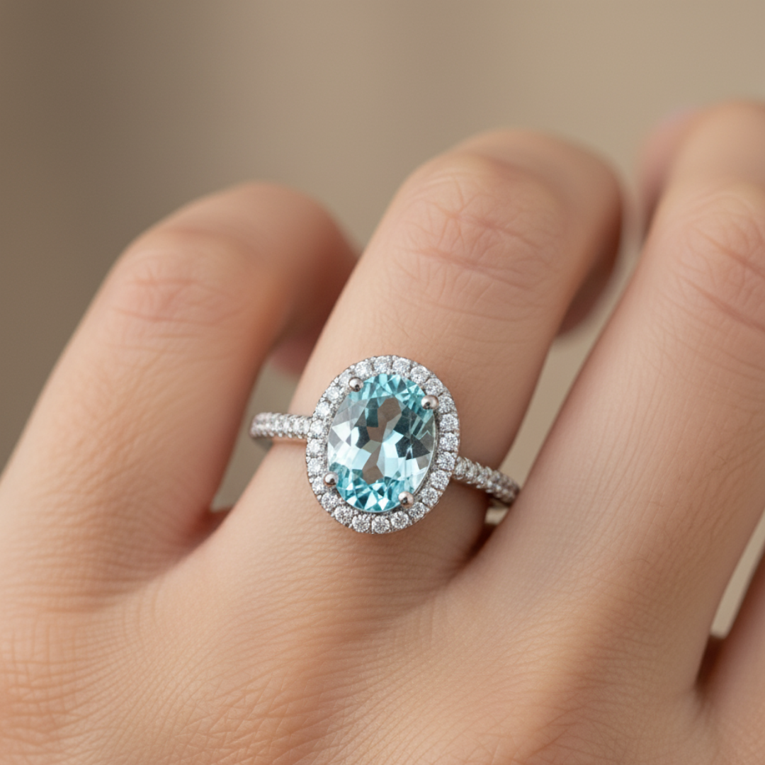 Oval Blue Zircon Halo Ring
