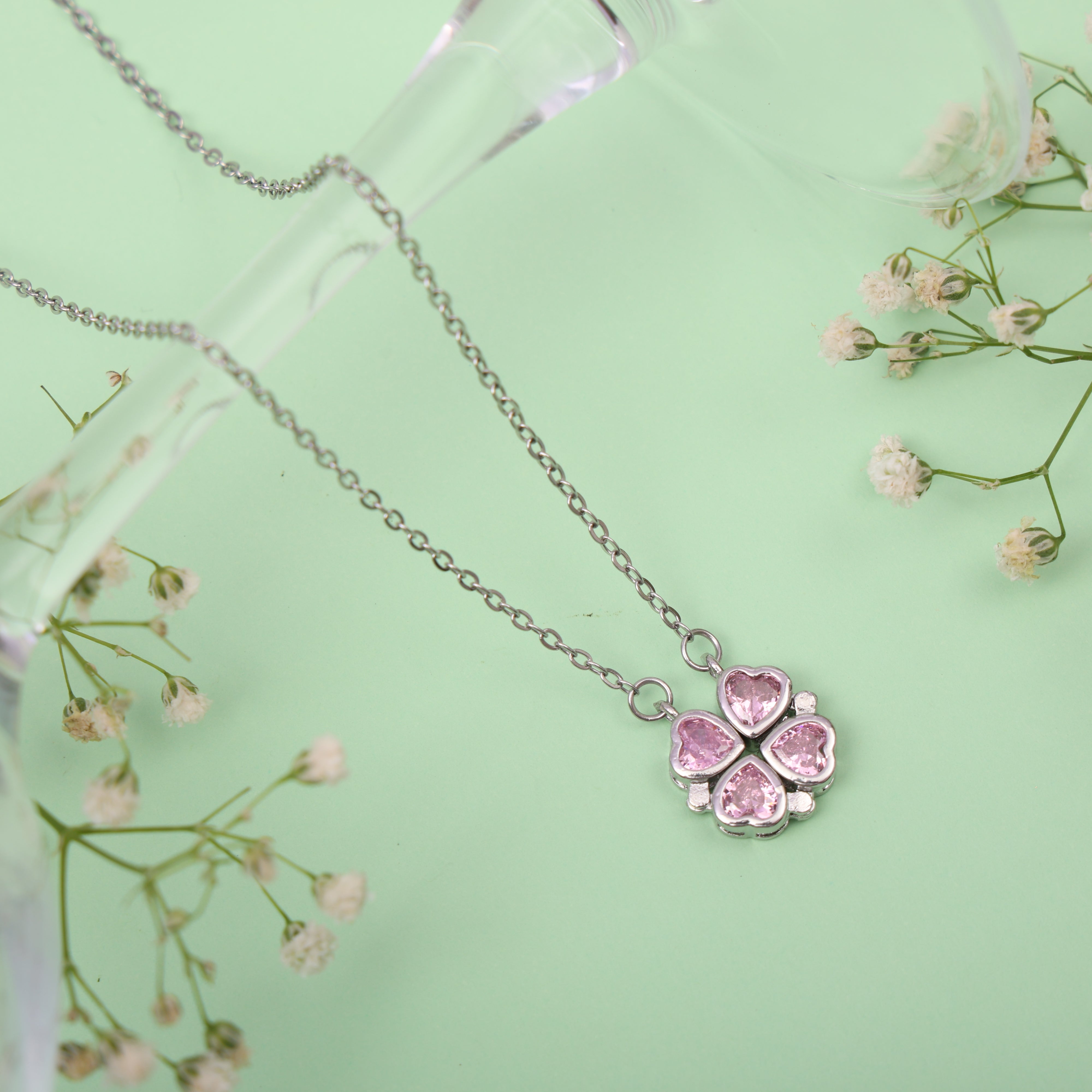 Pink Zircon Clover Pendant Necklace