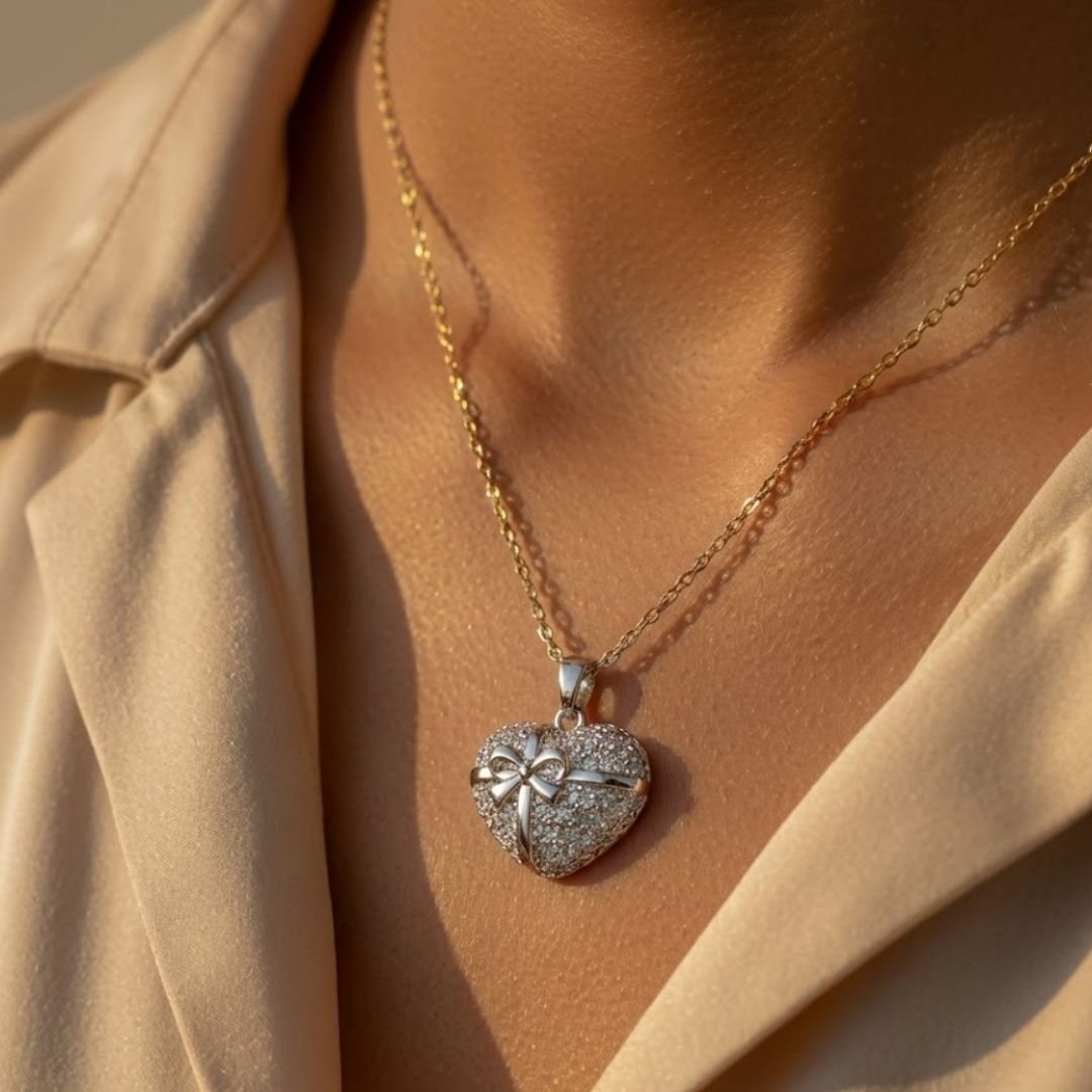 Heart With Ribbon Bow Zircon Diamond Necklace