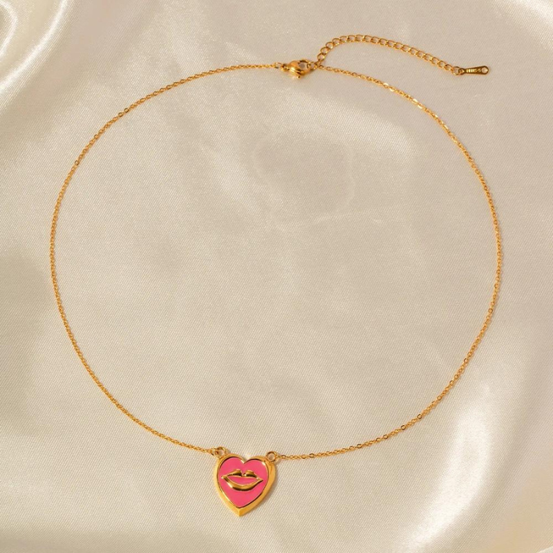 Gold Plated Pink Enamel Heart Pendant Necklace