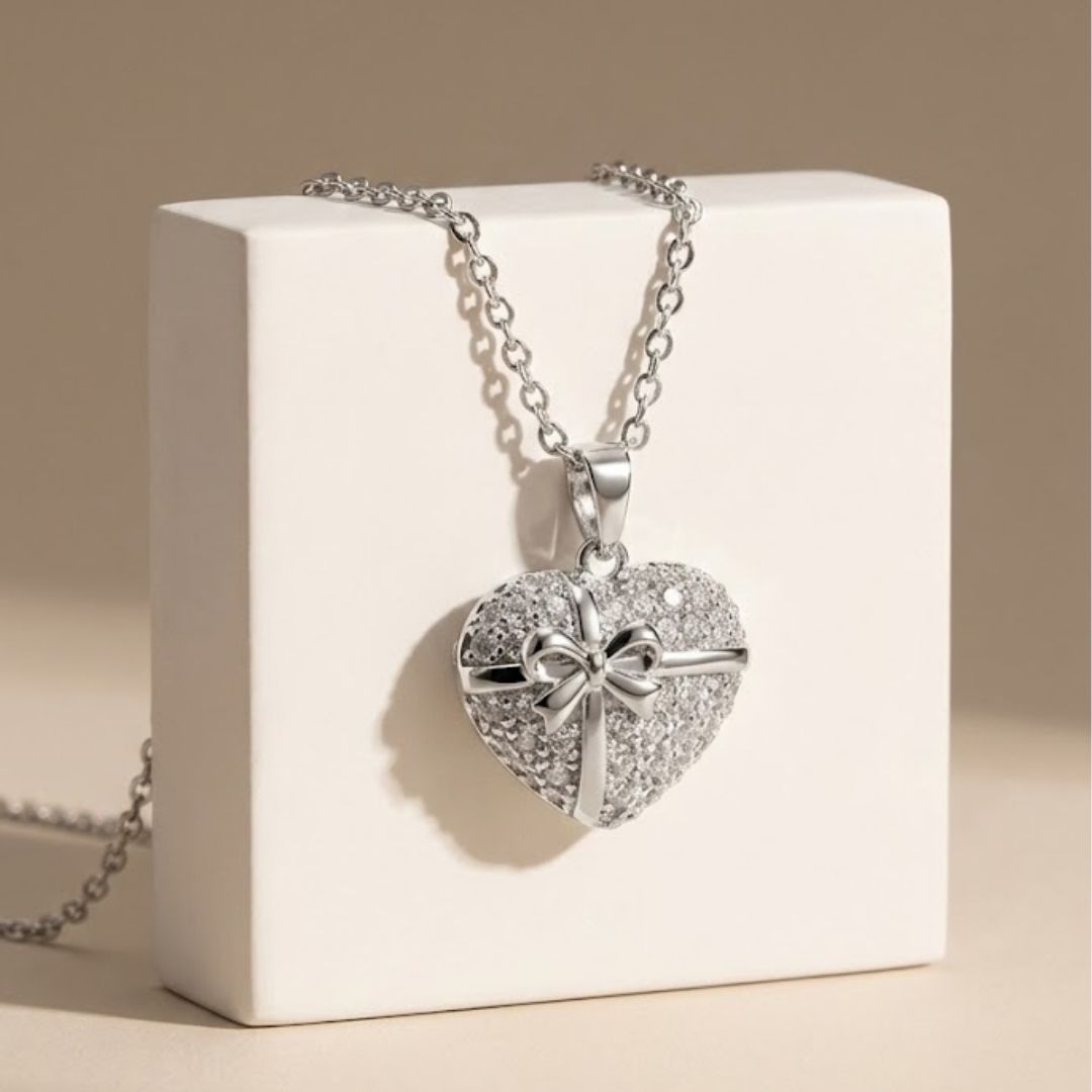 Heart With Ribbon Bow Zircon Diamond Necklace