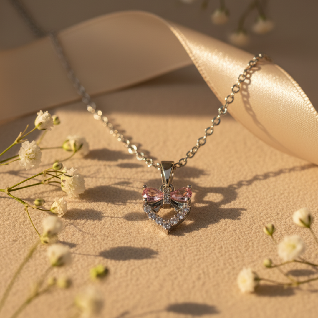 Heart And Bow Pink Zircon Diamond Necklace