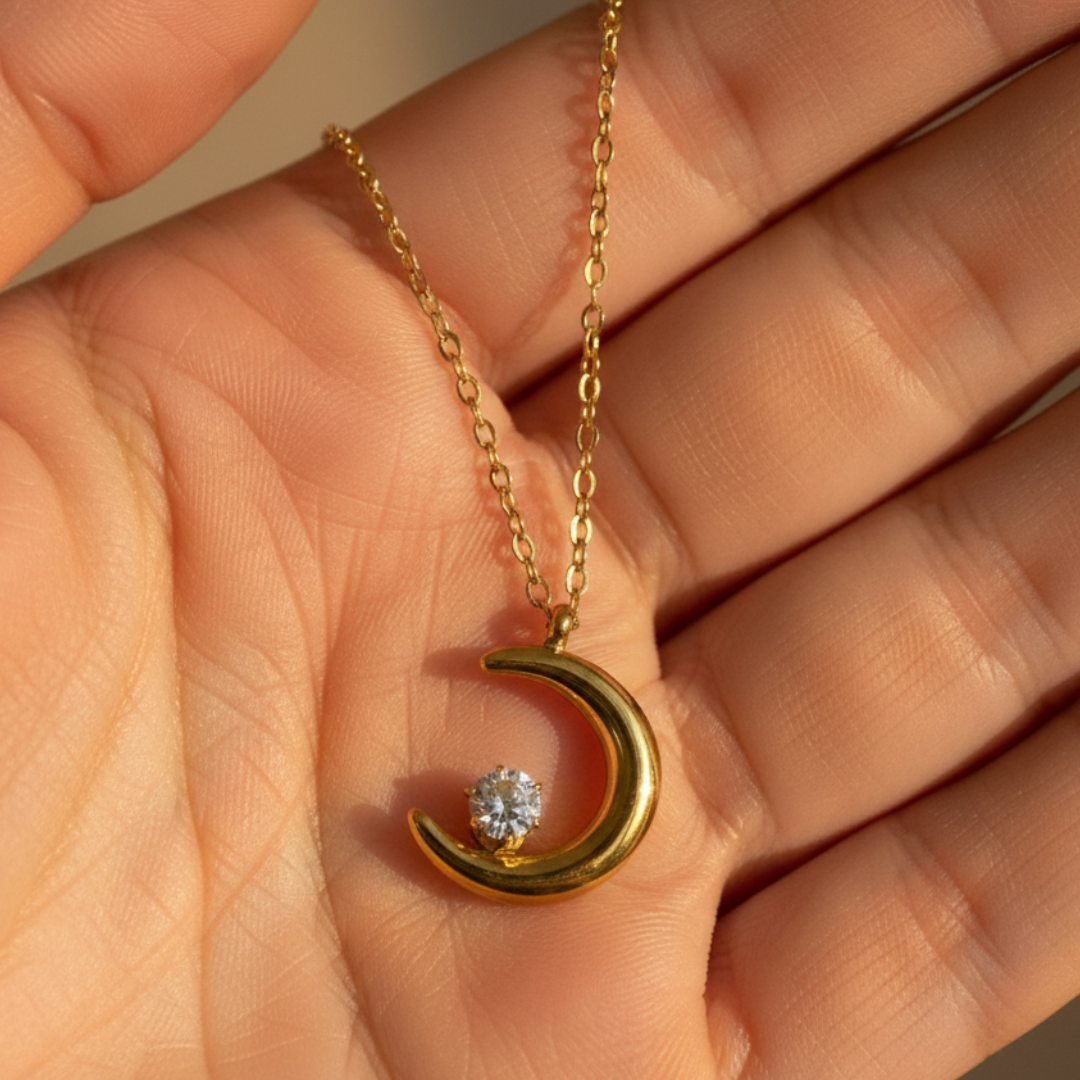 Crescent Moon With Zircon Diamond Necklace