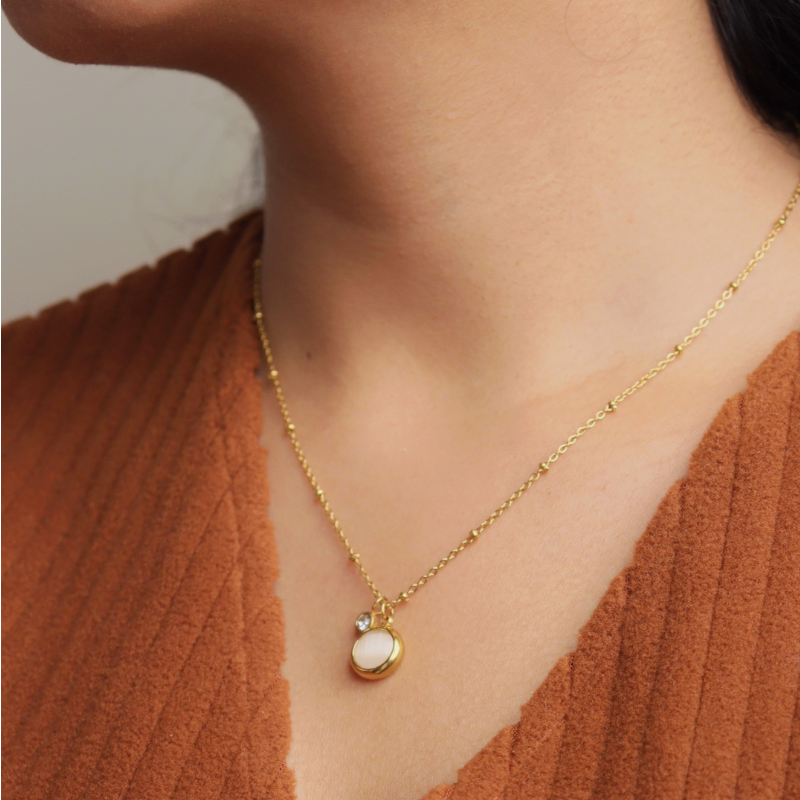 Gold Moonstone Pendant Necklace With Zircon Charm