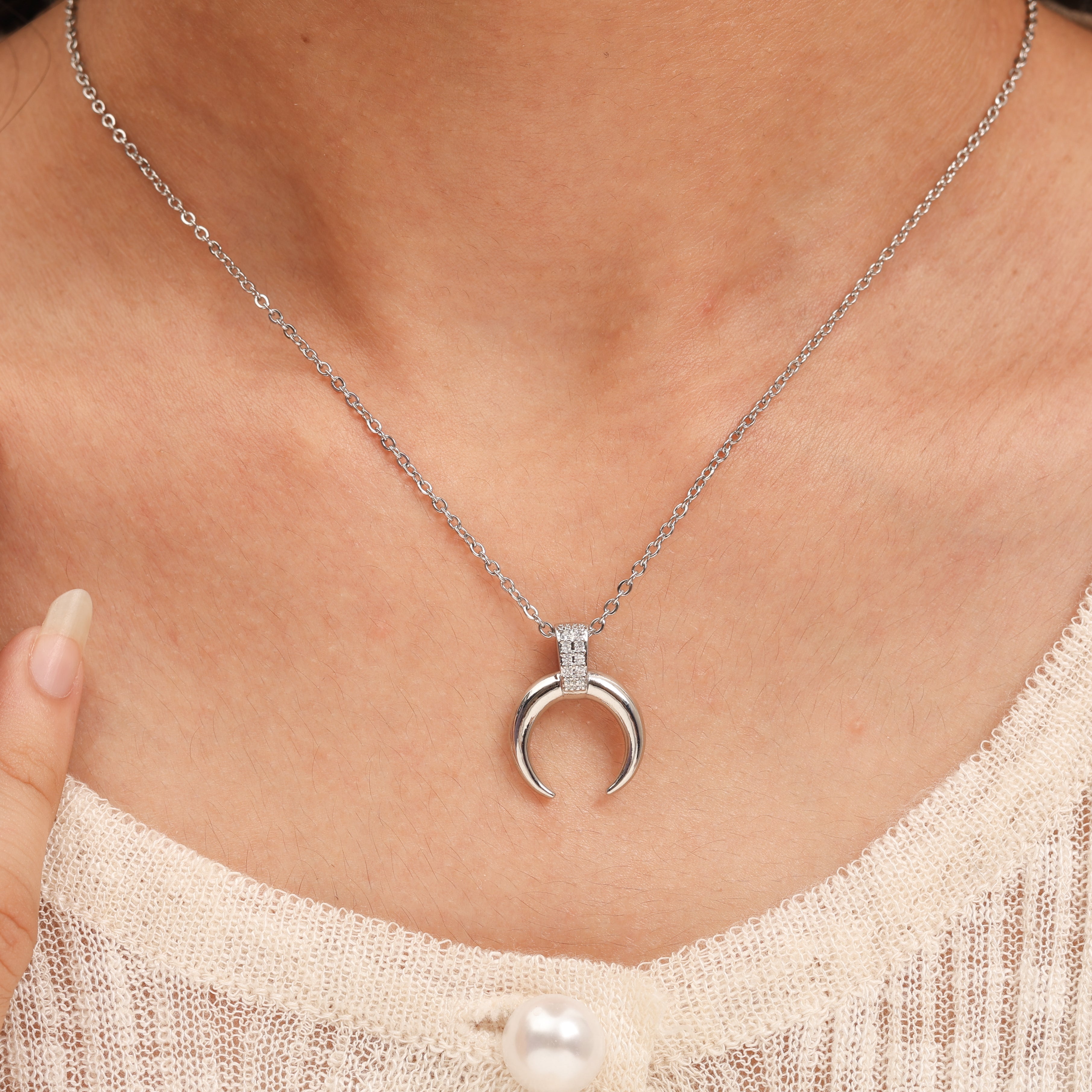 Silver Crescent Moon Pendant Necklace