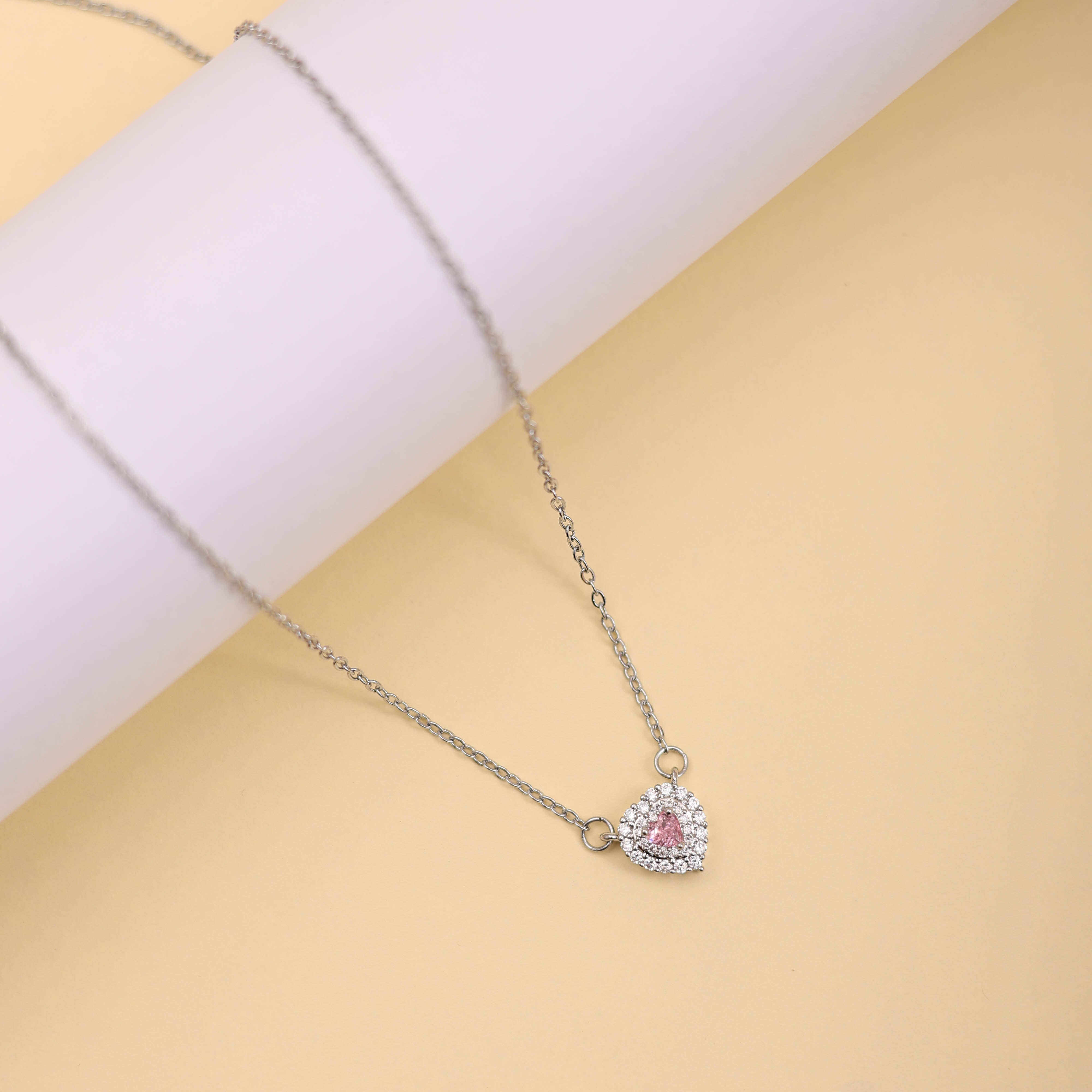 Pink zircon Halo Heart Necklace