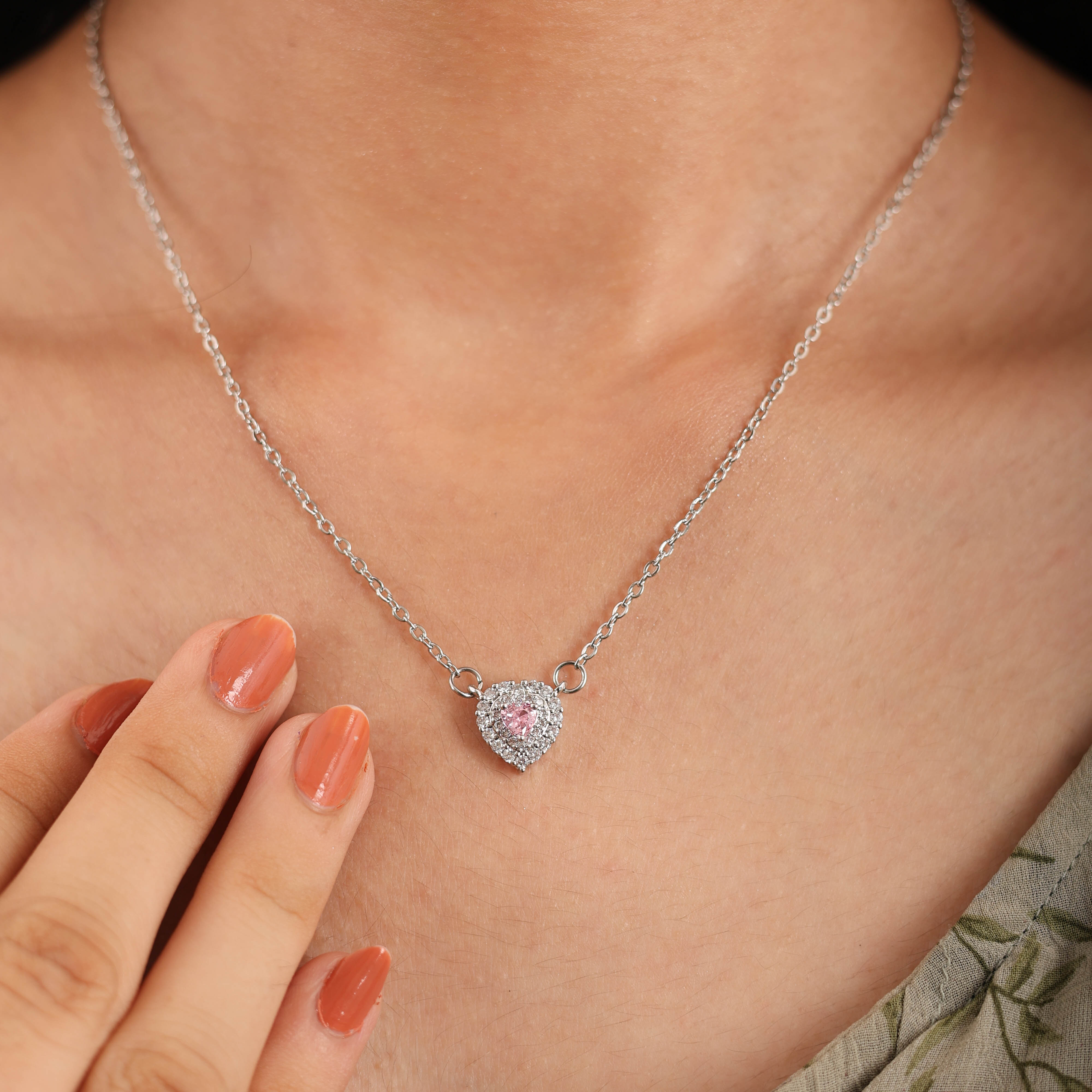 Pink zircon Halo Heart Necklace