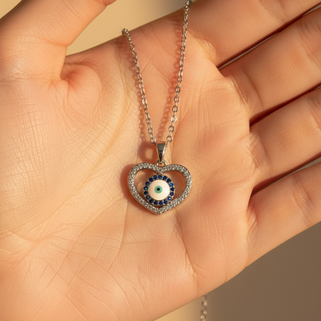 Heart-Shaped Evil Eye Zircon Diamond Necklace