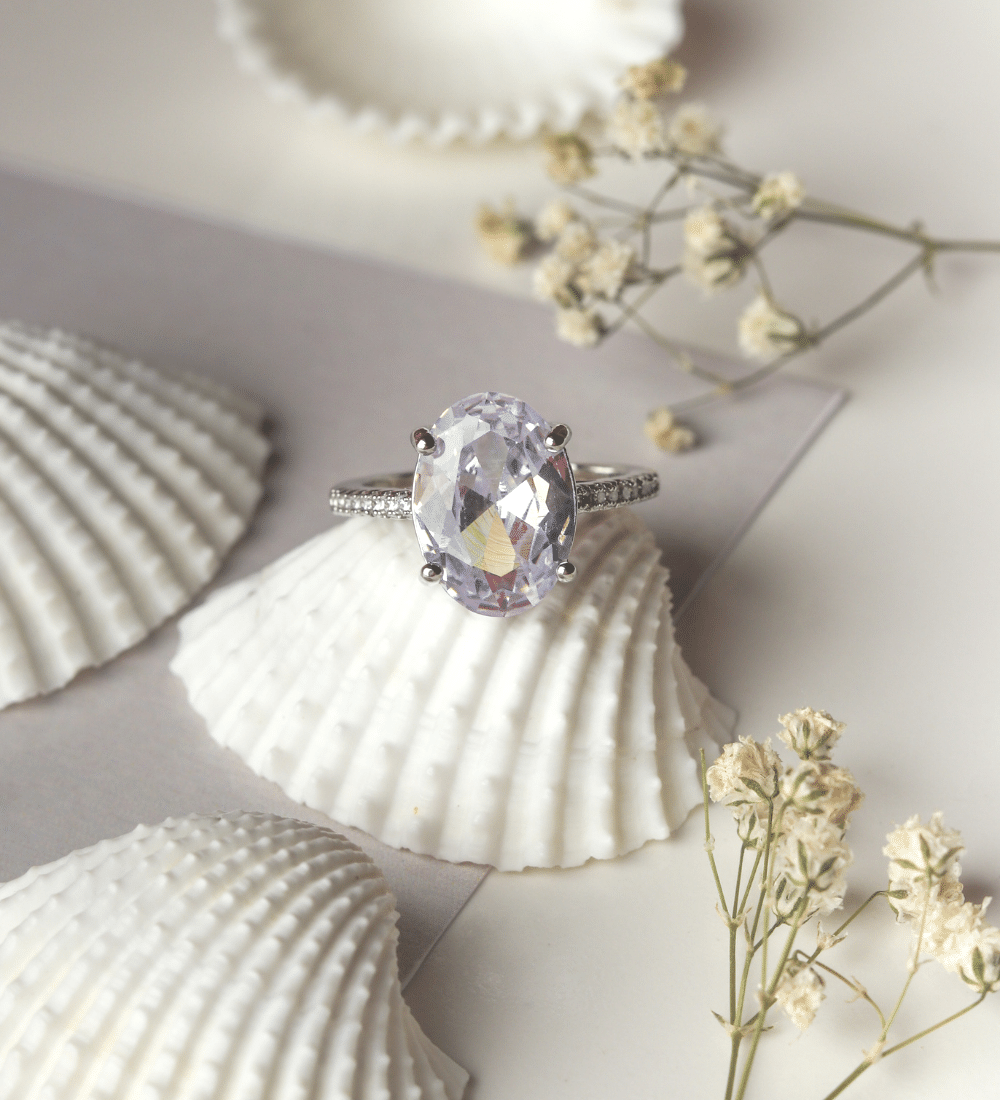 Oval Zircon Ring with Pave Band