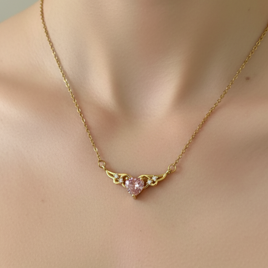 Heart With Wings Pink Zircon Diamond Necklace
