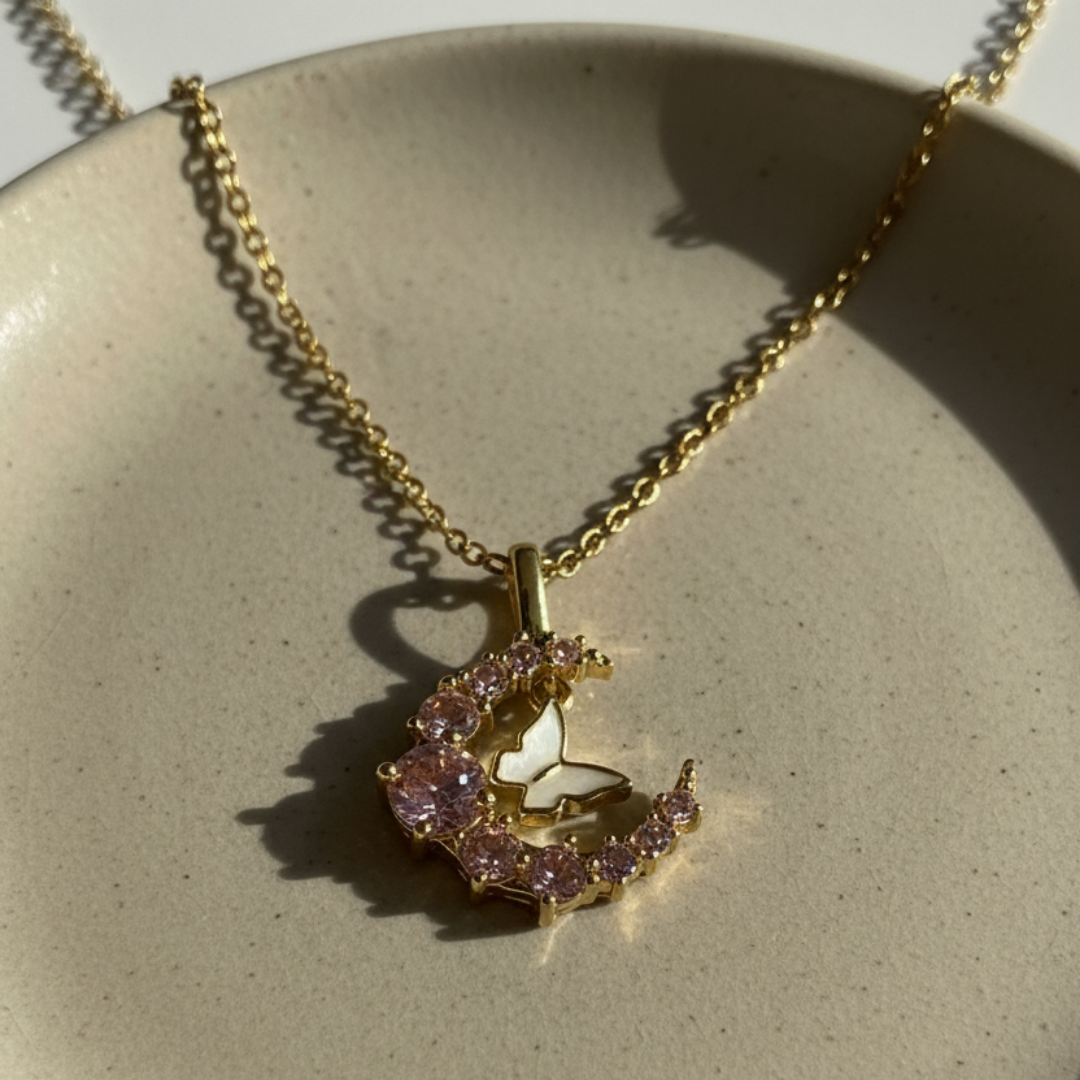 Crescent Moon With Butterfly Necklace