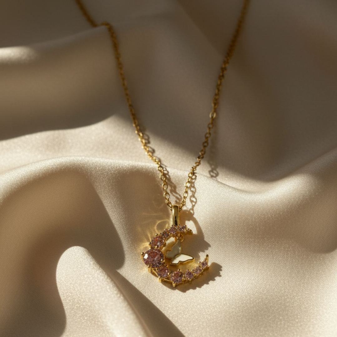 Crescent Moon With Butterfly Necklace
