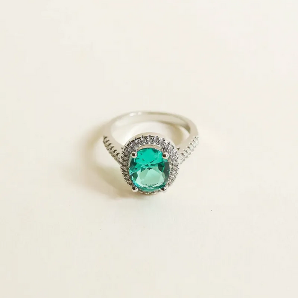 Oval Emrald Zircon Halo Ring