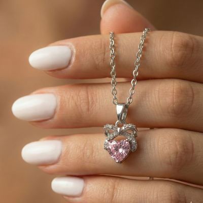 Rhodium-Plated Pink Zircon Heart Diamond Necklace