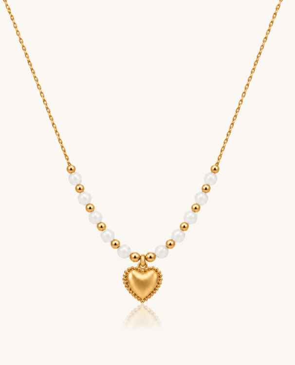 Pearl Bead Heart Necklace - 18k Gold ( Demi Fine )