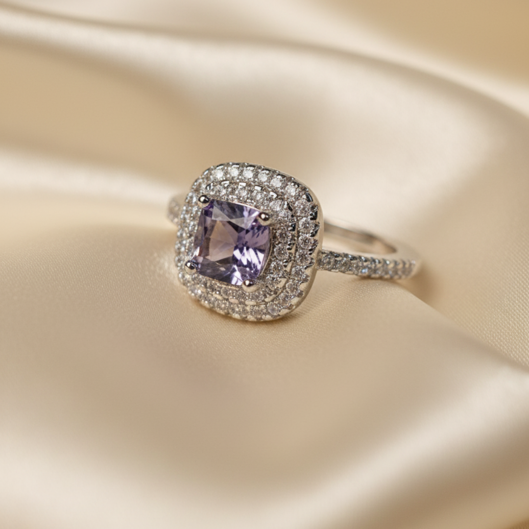 Double Halo Blue Zircon Ring