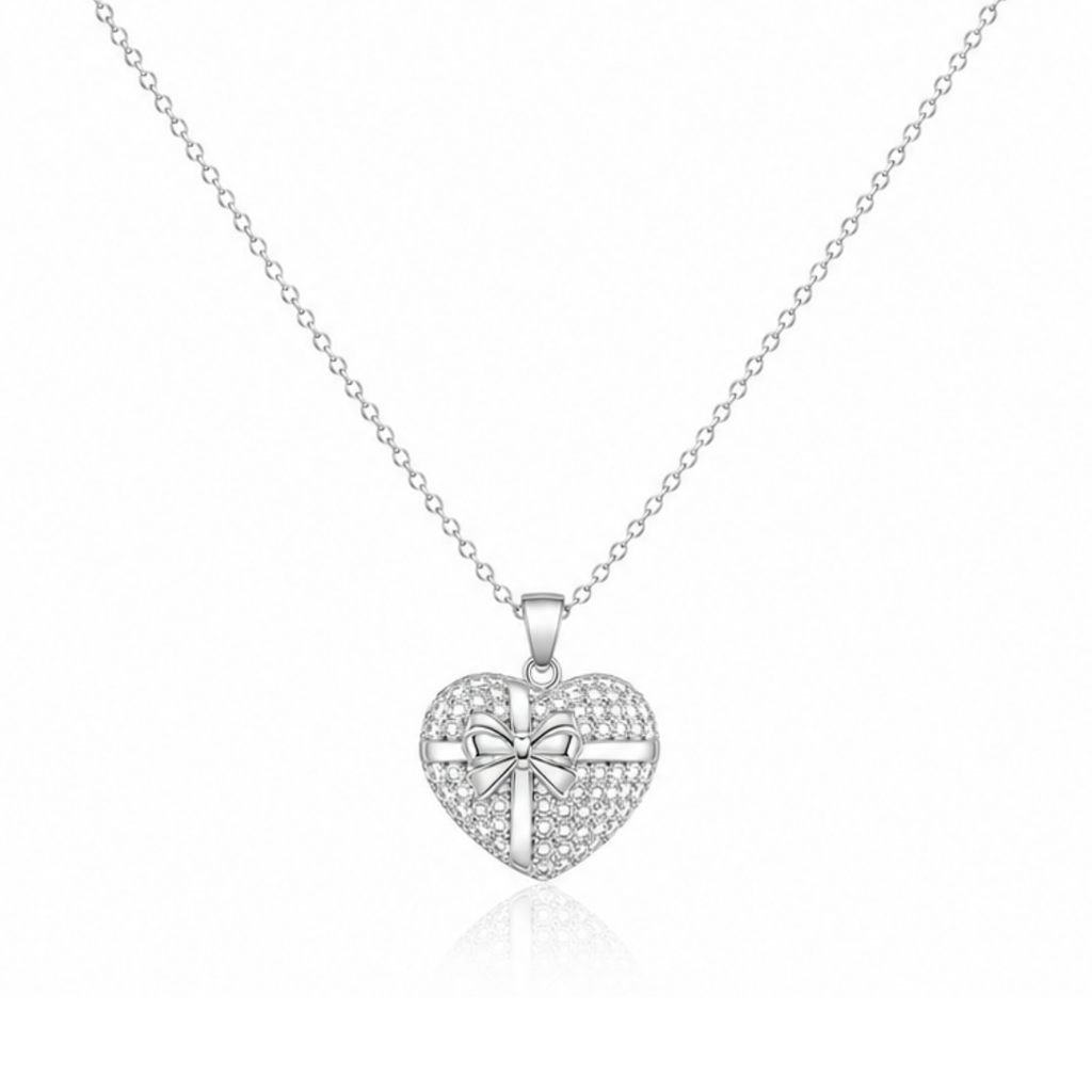Heart With Ribbon Bow Zircon Diamond Necklace