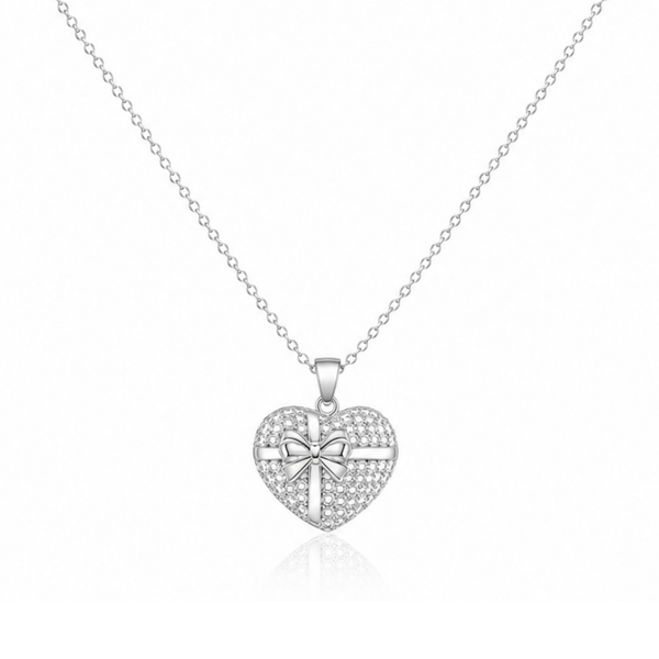 Heart With Ribbon Bow Zircon Diamond Necklace