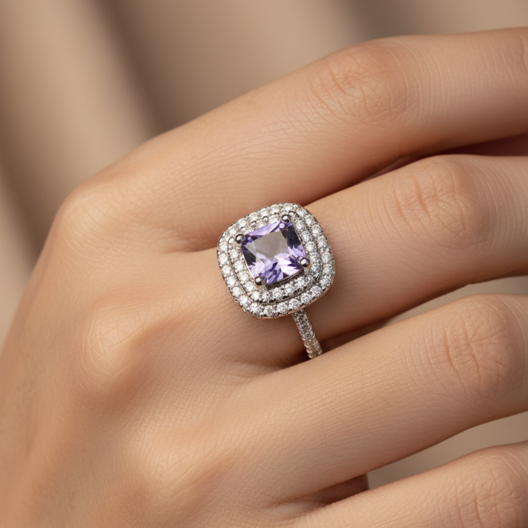 Double Halo Blue Zircon Ring