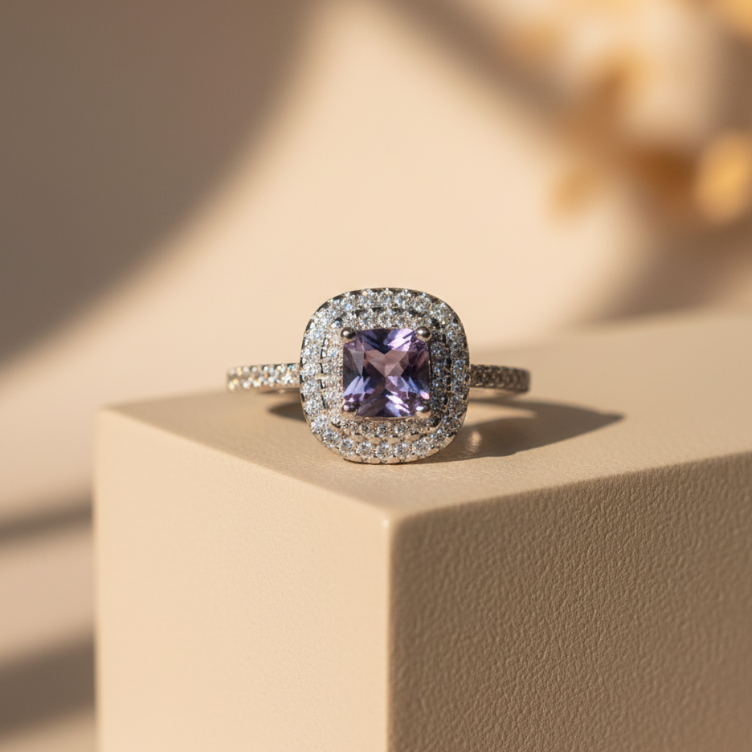 Double Halo Blue Zircon Ring