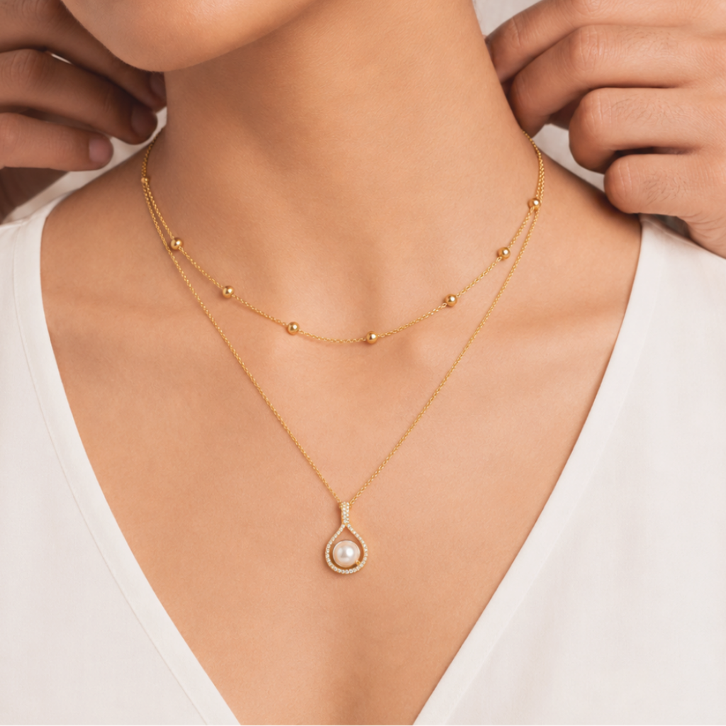 Golden Pearl Teardrop Necklace