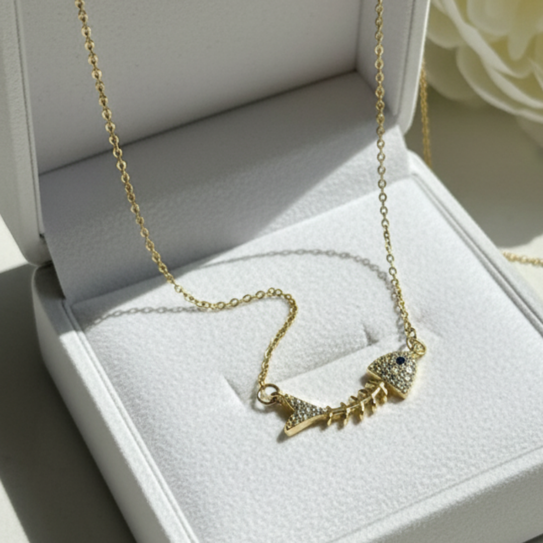 18k Gold Plated Fishbone Charm Necklace