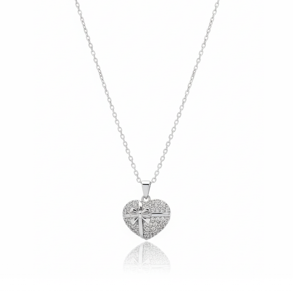 Heart With Ribbon Bow Zircon Diamond Necklace