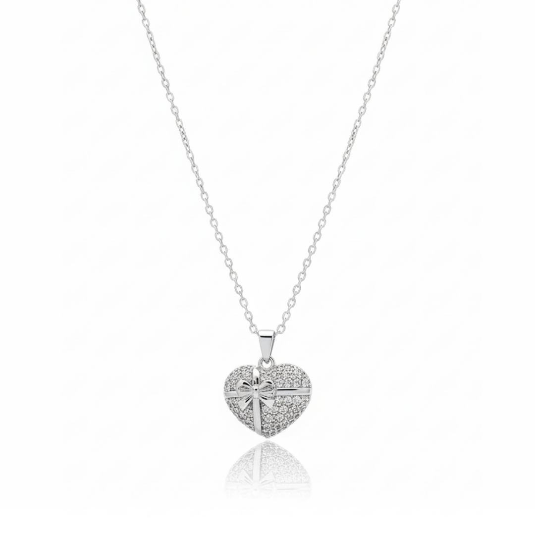 Heart With Ribbon Bow Zircon Diamond Necklace