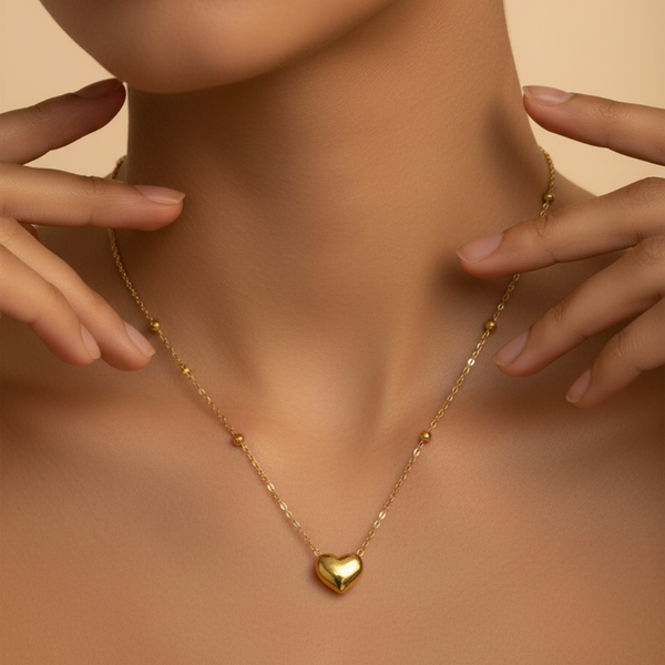 Beaded Chain With Gold Puff Heart Necklace