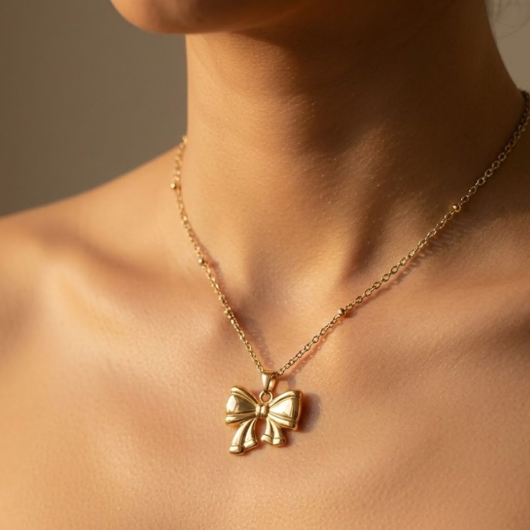 Bow With Beaded Chain Pendant Necklace