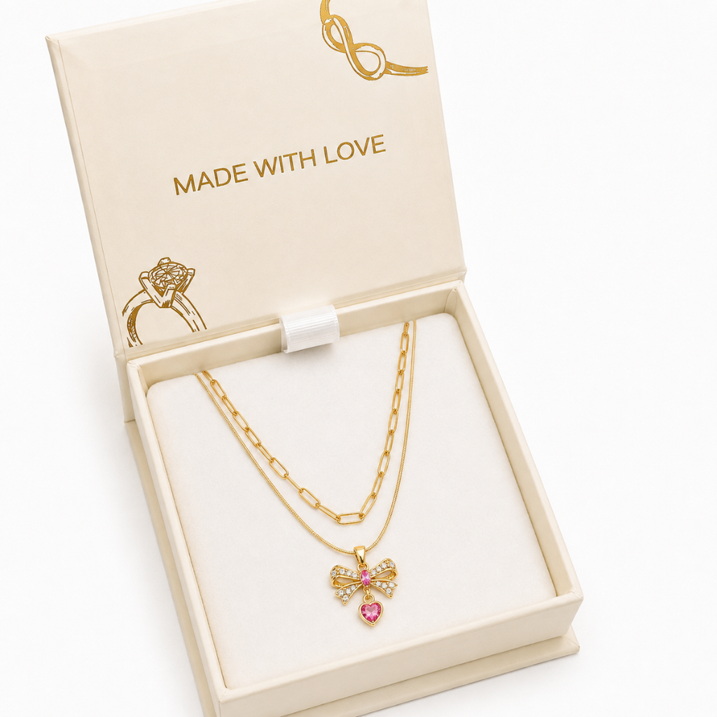 Pink Bow Heart Layered Necklace
