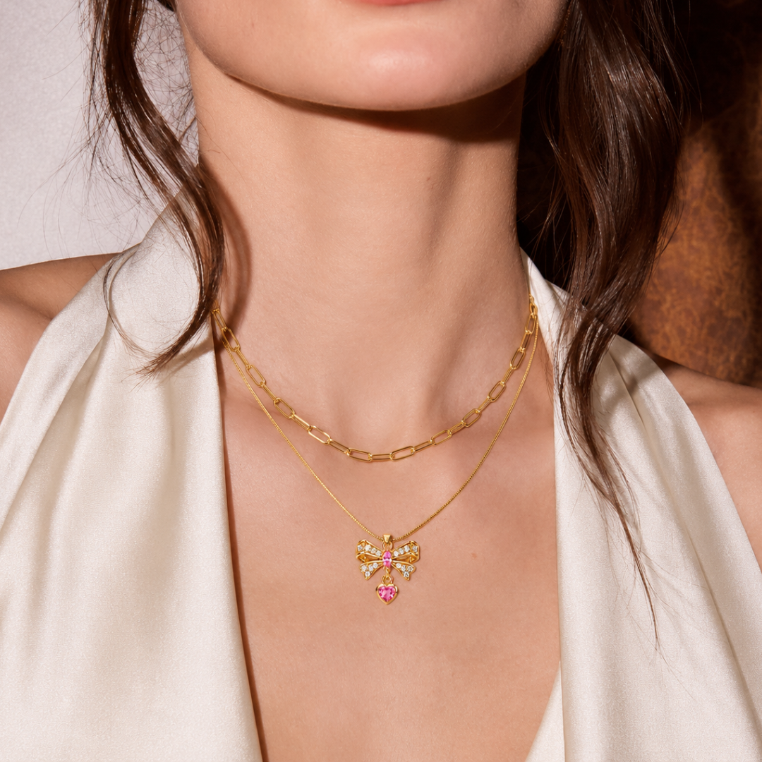 Pink Bow Heart Layered Necklace