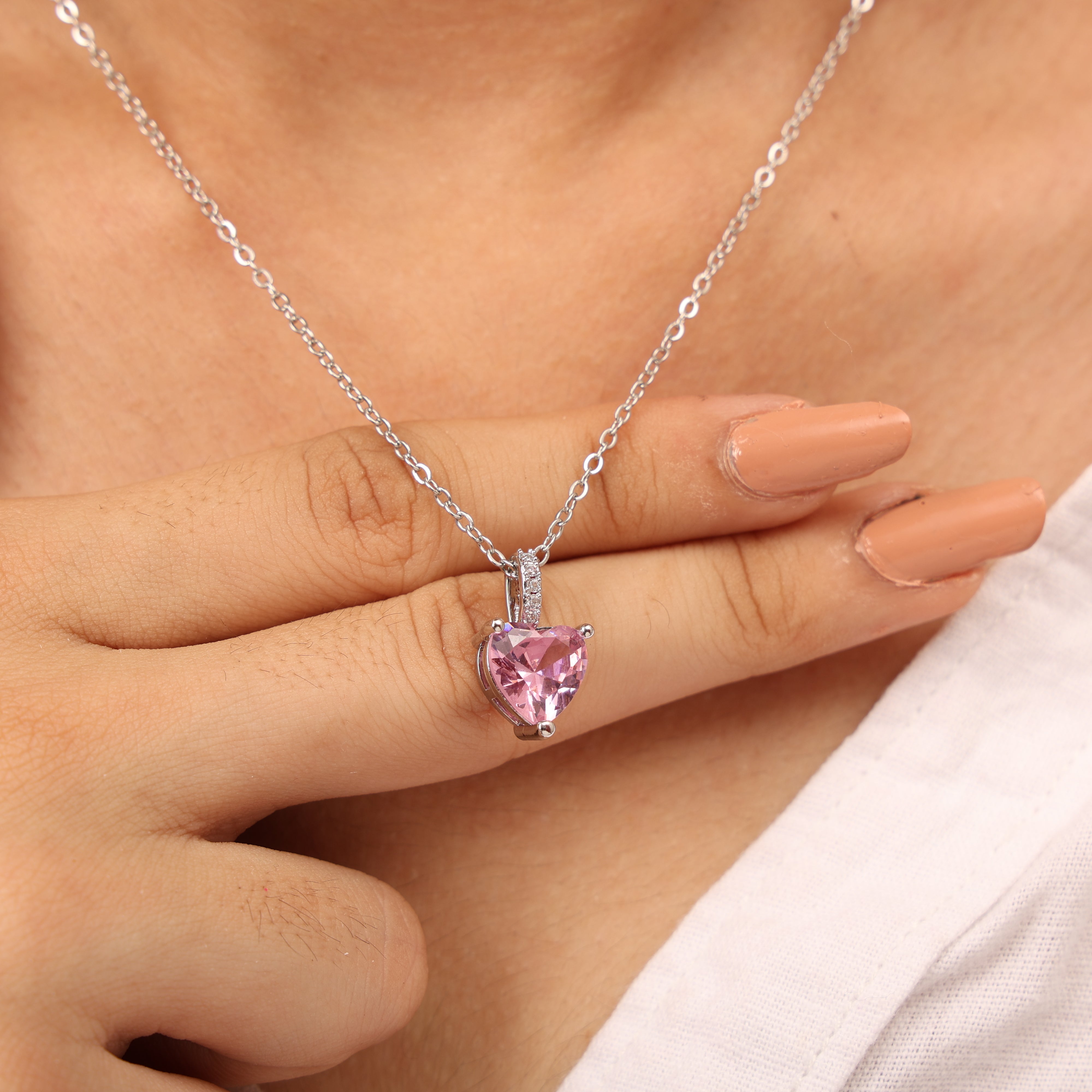 Pink Zircon Rhodium Plated  Necklace