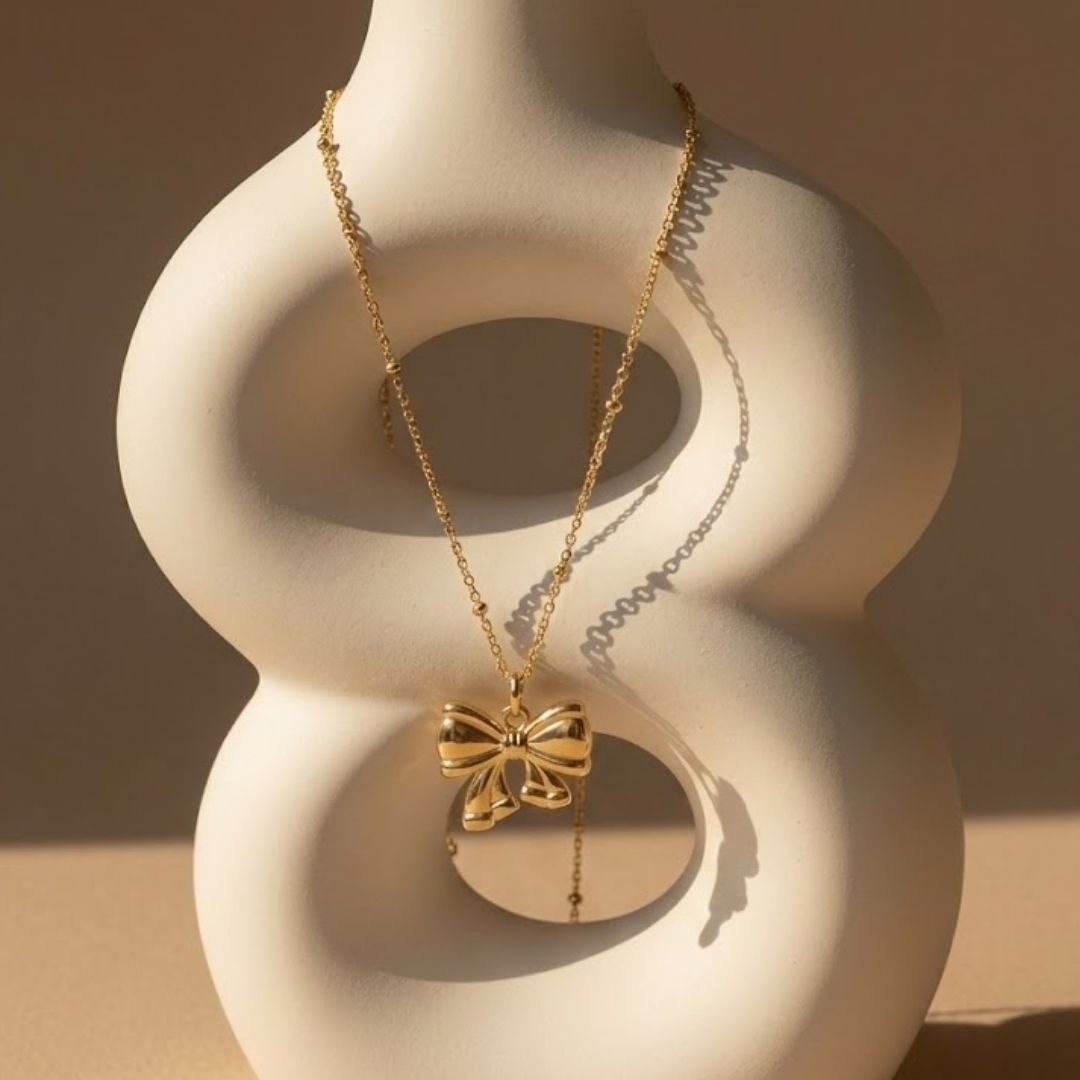 Bow With Beaded Chain Pendant Necklace