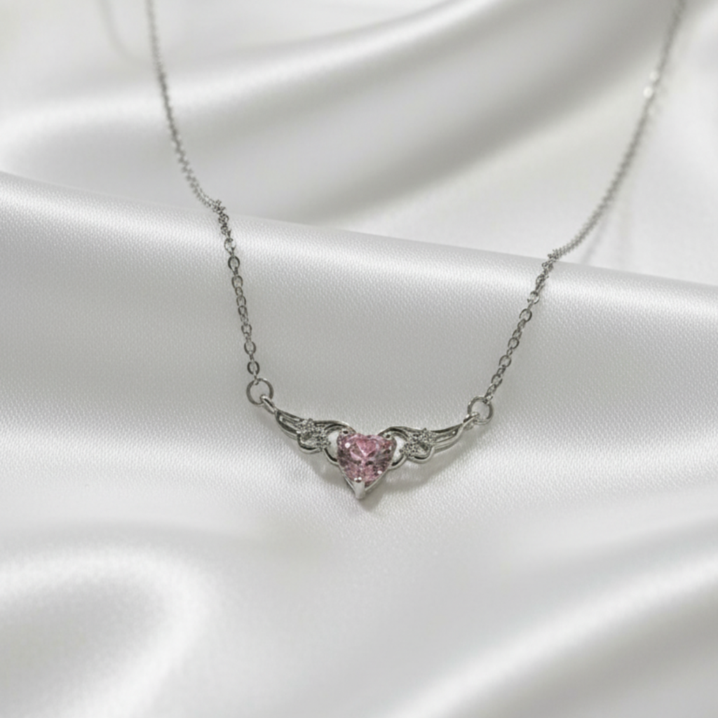 Heart With Wings Pink Zircon Diamond Necklace