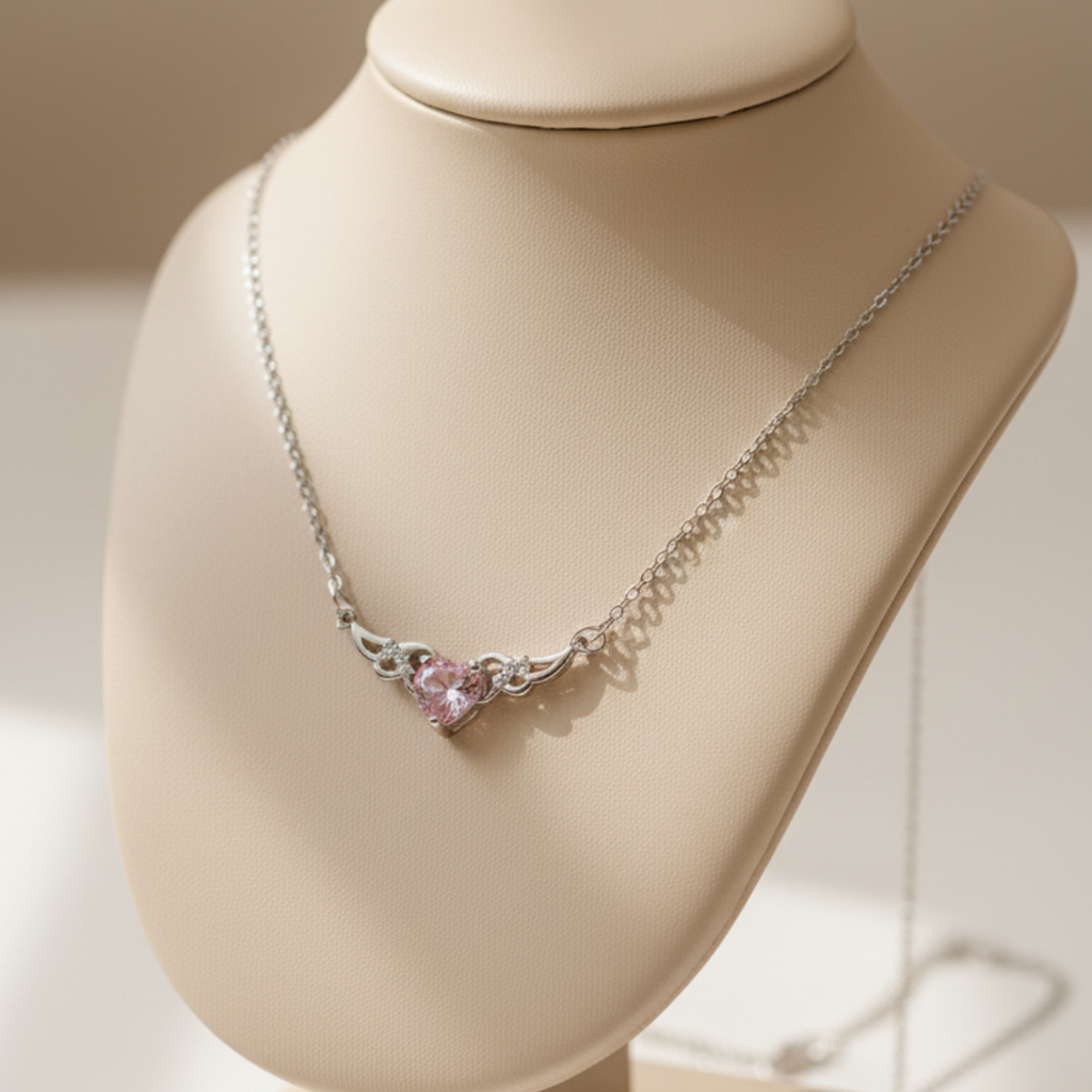 Heart With Wings Pink Zircon Diamond Necklace