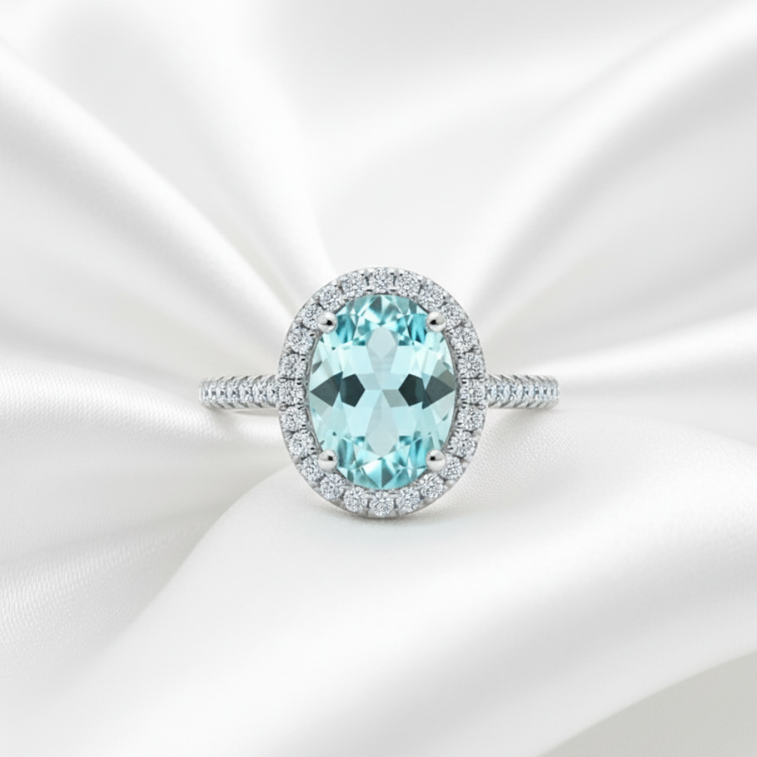 Oval Blue Zircon Halo Ring