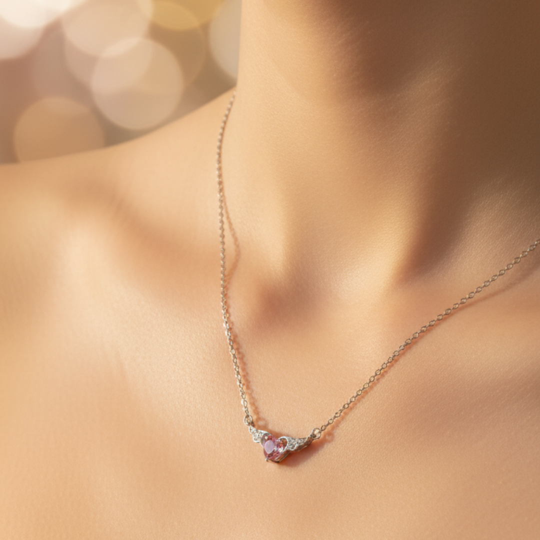 Heart With Wings Pink Zircon Diamond Necklace