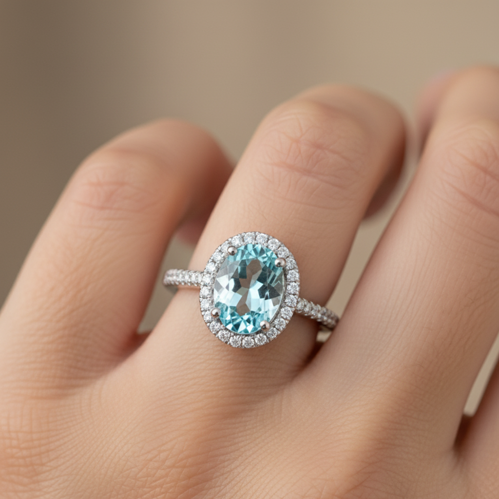 Oval Blue Zircon Halo Ring