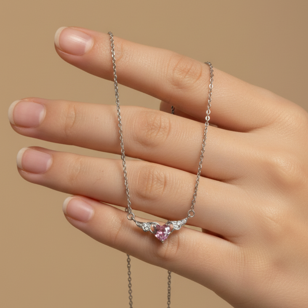 Heart With Wings Pink Zircon Diamond Necklace