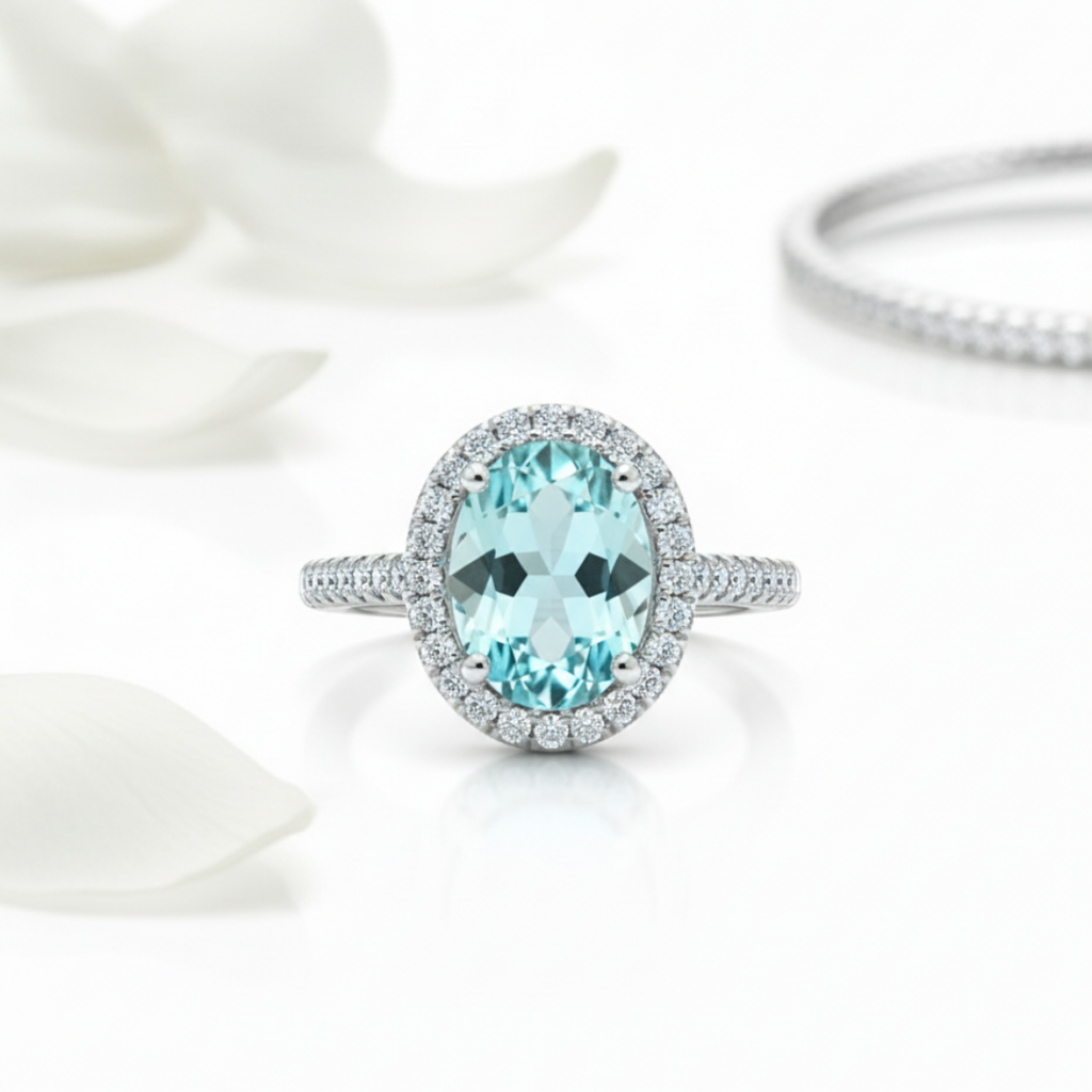 Oval Blue Zircon Halo Ring