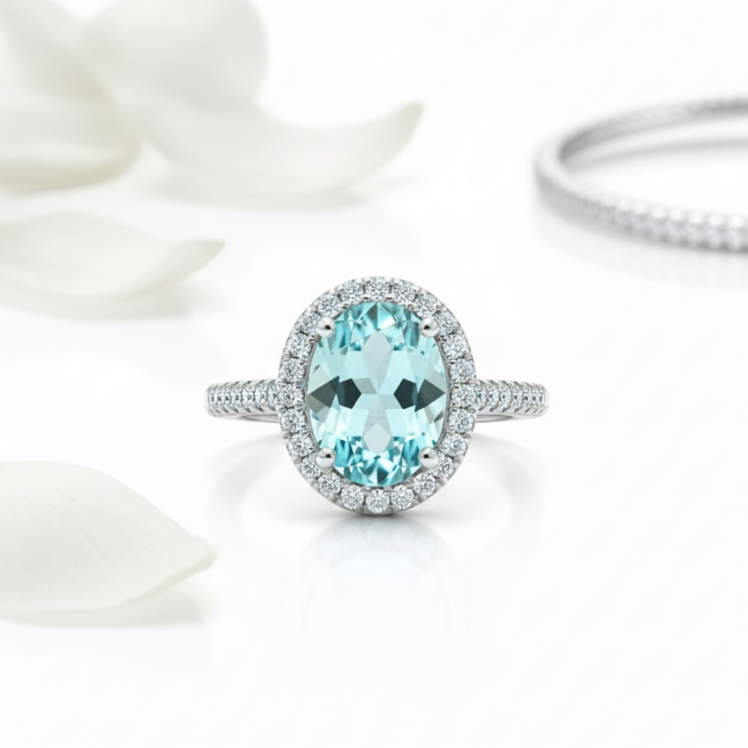 Oval Blue Zircon Halo Ring