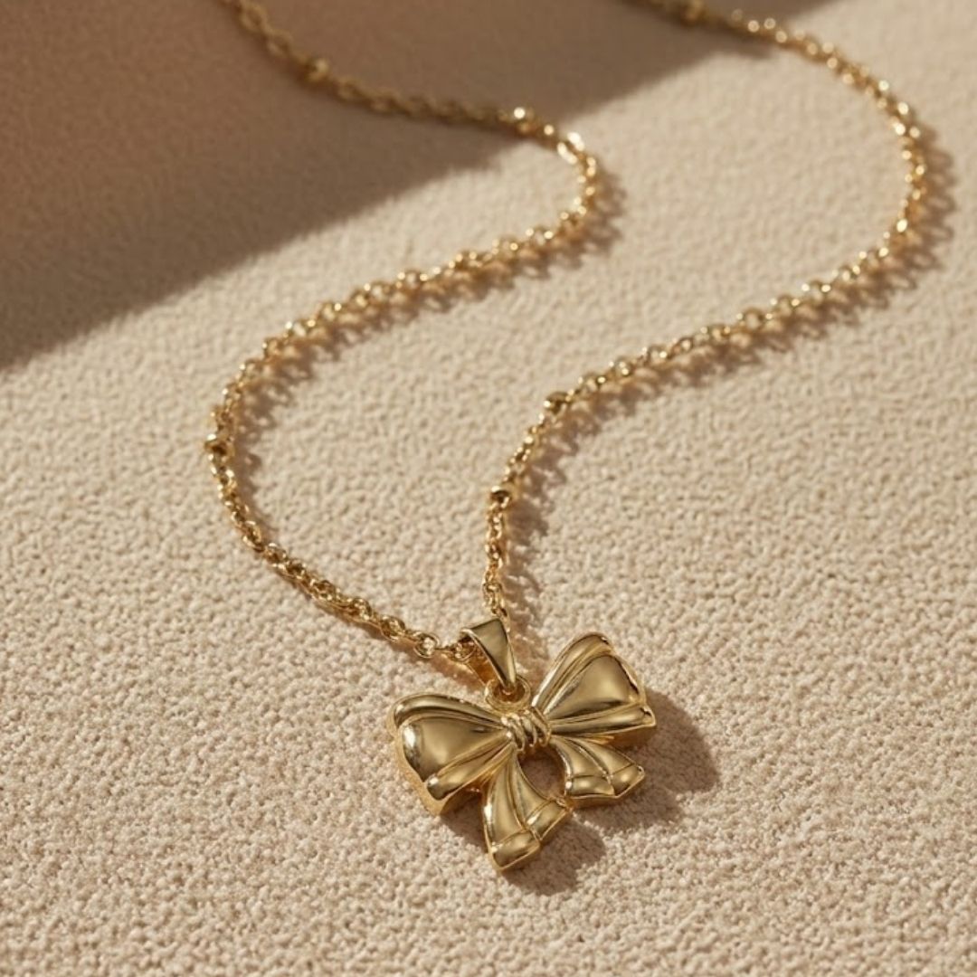 Bow With Beaded Chain Pendant Necklace