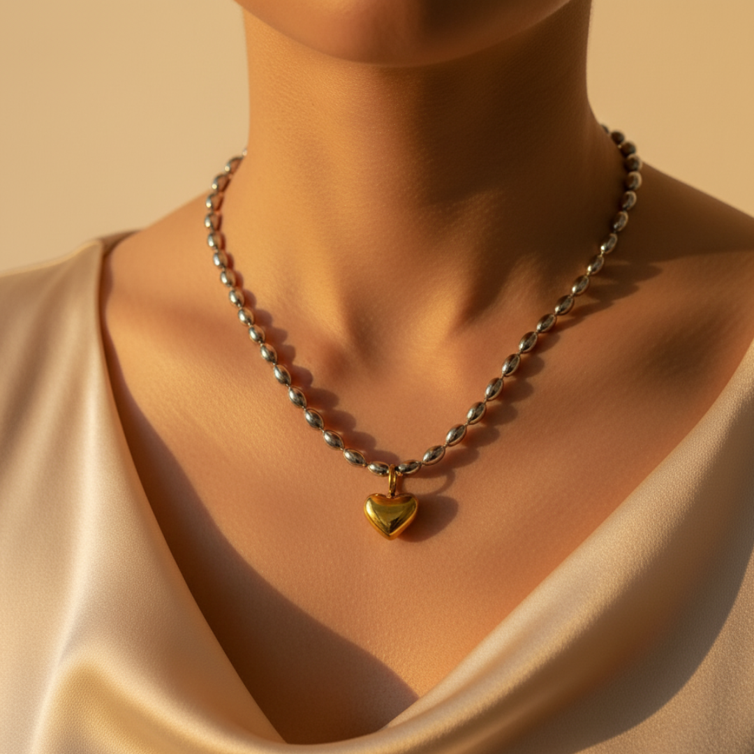 Rhodium Plated Heart Charm Necklace